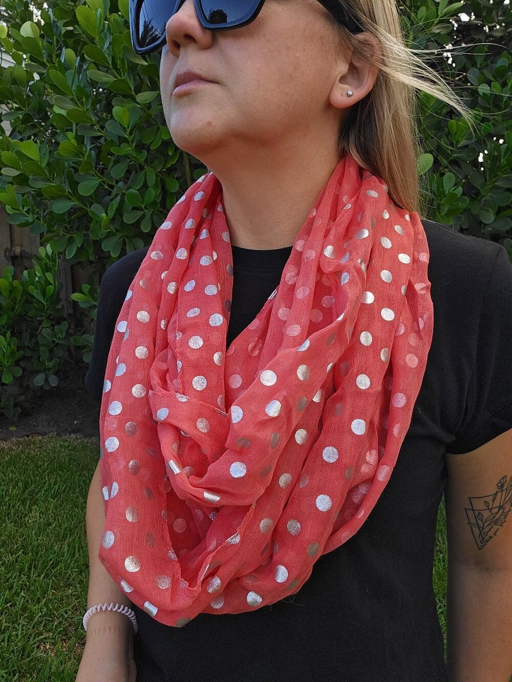 Coral Polka Dot Infinity Scarf Lightweight Loop Wrap NWOT